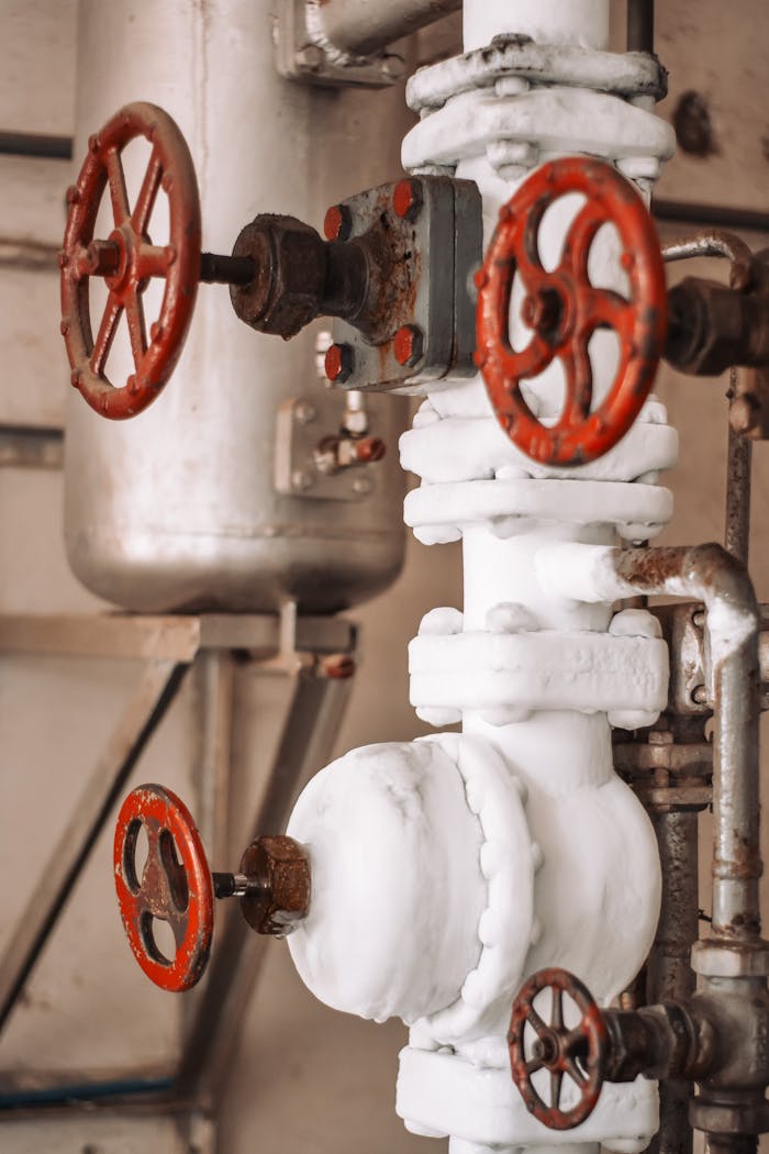 Detailed image of frosted industrial pipes and red valves in a factory setting.